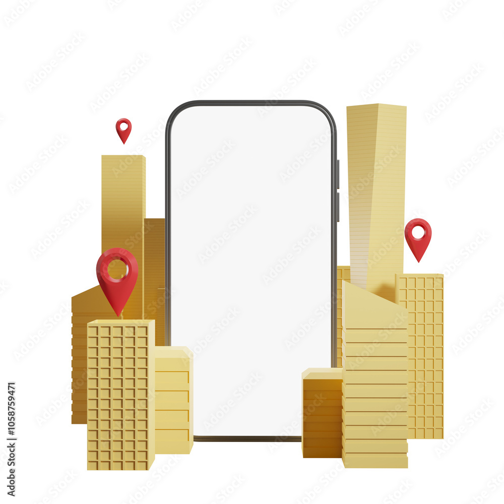 Poster a smartphone with a blank screen surrounded by golden skyscrapers and red location markers on a whit
