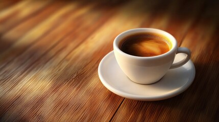 Fototapeta premium A white coffee cup with a saucer sits on a wooden table