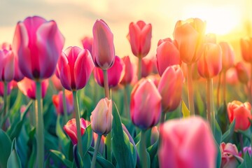 Fototapeta premium Amazing white tulip flowers blooming in a tulip field, against the background of blurry tulip flowers in the sunset light. Neural network ai generated art
