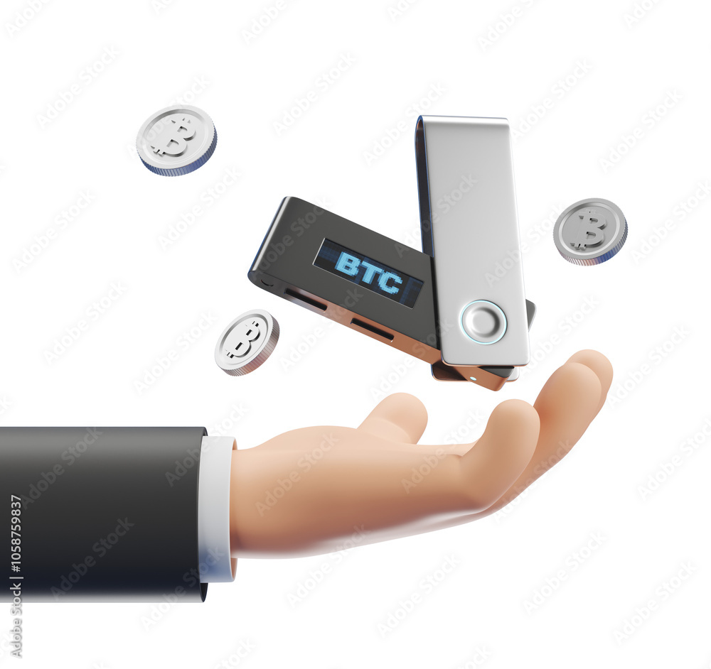Poster digital hand holding a cold wallet displaying btc with floating coins. white background. concept of 