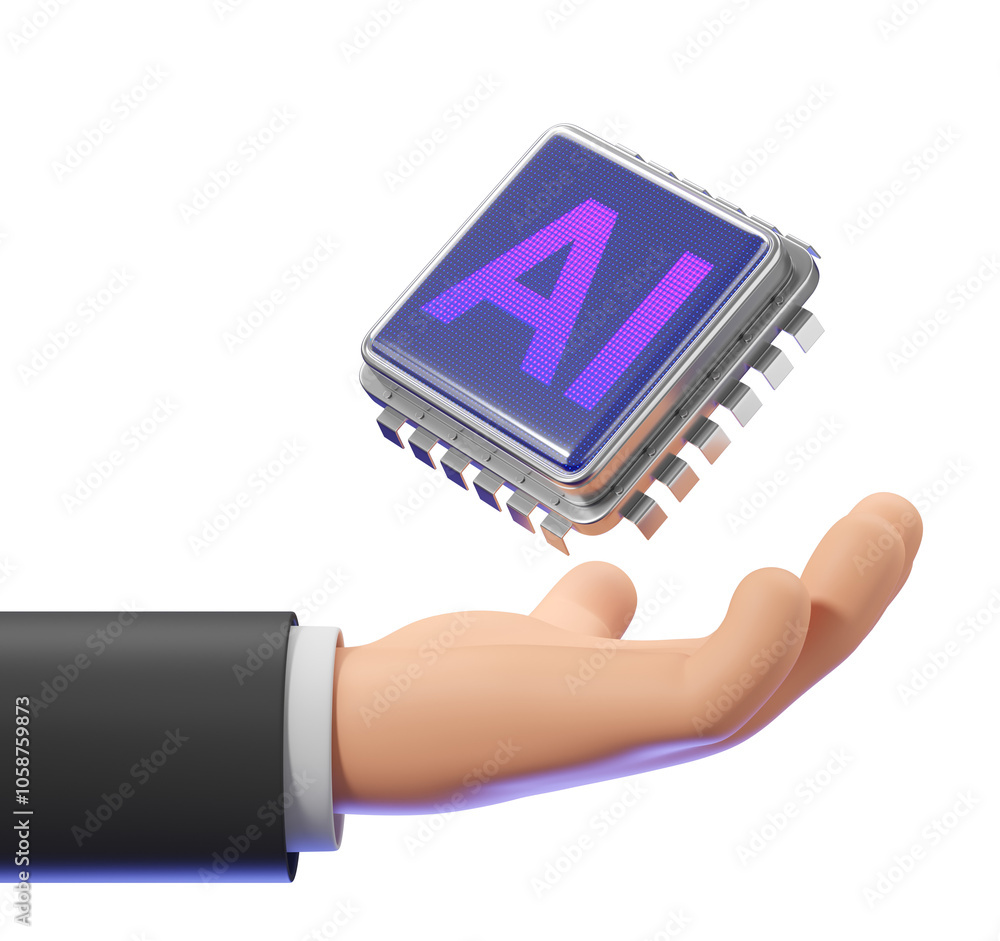 Poster hand holding a microchip with ai text, on a white background. concept of artificial intelligence and