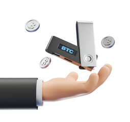 Digital hand holding a cold wallet displaying BTC with floating coins. White background. Concept of secure cryptocurrency storage. 3D Rendering