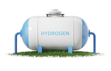 A hydrogen storage tank with blue and white colors, placed on a grass field against a white background. Concept of clean energy. 3D Rendering