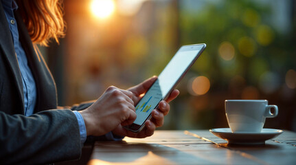 Businesswoman Analyzing Financial Data on a Smartphone at Sunset with Coffee – Digital Business and Work-Life Balance Concept