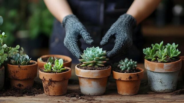 Photo - Gloved Hands Tending to a Vibrant Succulent in a Terra Cotta Pot
