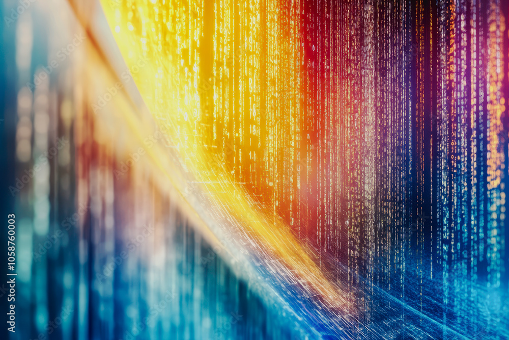 Poster a vibrant digital wave of streaming code illuminated in bright colors. this abstract background show