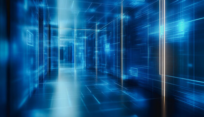 Explore a mesmerizing futuristic corridor with a digital grid, illuminated in striking blue tones, ideal for technology and abstract visual themes.