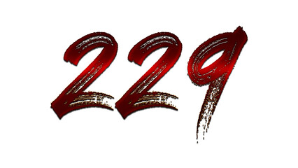 3D blood red number design of 229 on white background.