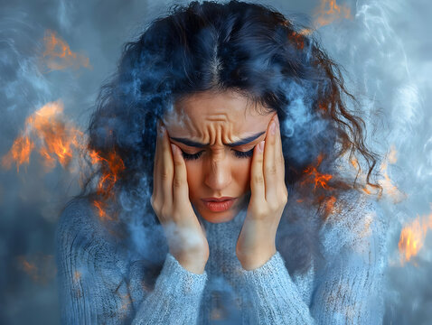 Burning Headache Abstract Illustration - Woman with Pain, Smoke, and Fire