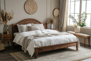 Cozy Minimalist Bedroom Photo - Wooden Bed, White Bedding, Neutral Tones