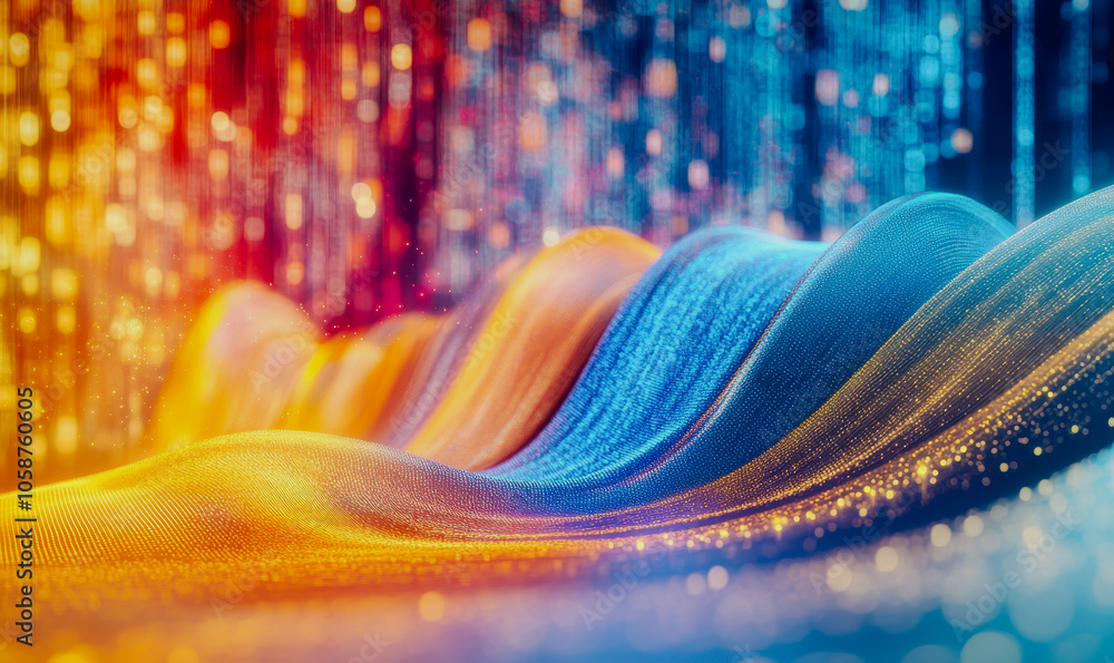 Poster a vibrant digital representation of illuminated waves, showcasing flowing patterns of light and colo