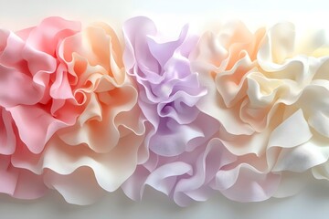 A stunning arrangement of textured fabric in soft pastel colors, featuring pink, lavender, and cream shades that create a harmonious and elegant visual effect.
