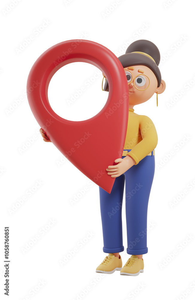 Poster a cartoon character in yellow top and blue pants holding a large red map pin on a white background. 
