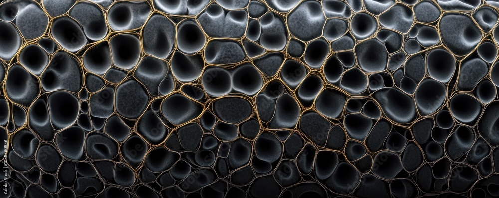 Poster a macro shot showcasing a textured surface with bubble-like formations, emphasizing a glossy, dark a