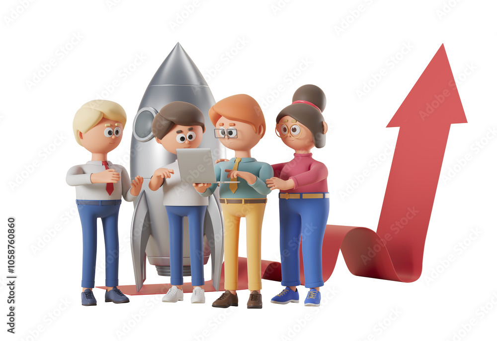 Poster four animated characters collaborating on a startup project with a rocket and upward arrow in the ba