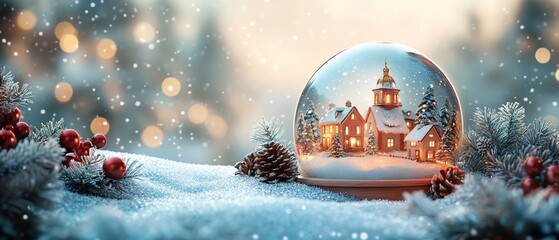 A snow globe featuring a cozy winter village scene with falling snow and festive decorations.