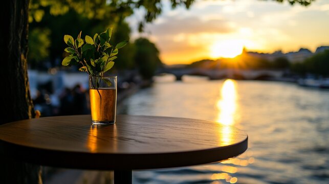 A glass of iced tea sits on a table overlooking the Seine River in Paris at sunset.