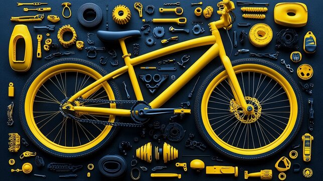 Bright yellow bicycle with assorted yellow accessories arranged on a dark background - Powered by Adobe