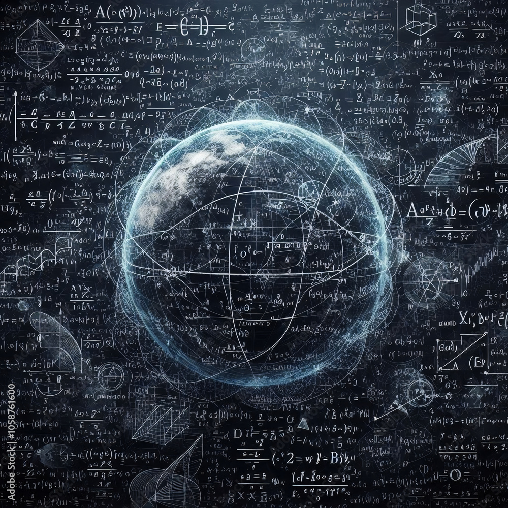 Poster a globe surrounded by complex mathematical equations and geometric shapes, representing the intersec