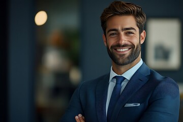 Fototapeta premium Handsome Businessman in Navy Blue Suit with Tie Smiling Confidently