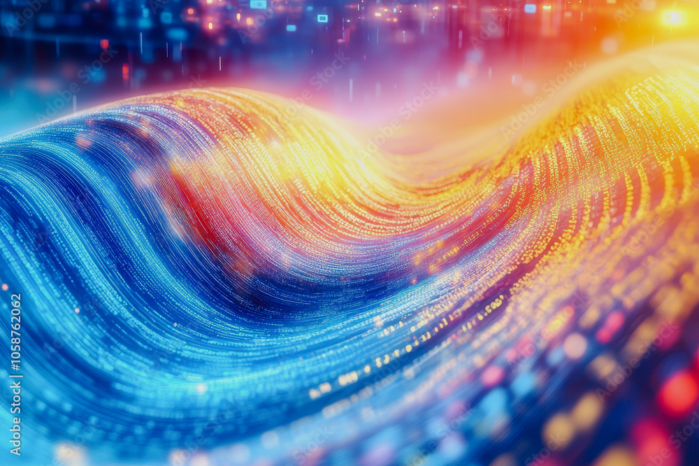 Poster experience a vibrant digital wave illuminated by colorful streams of light and code, creating a capt