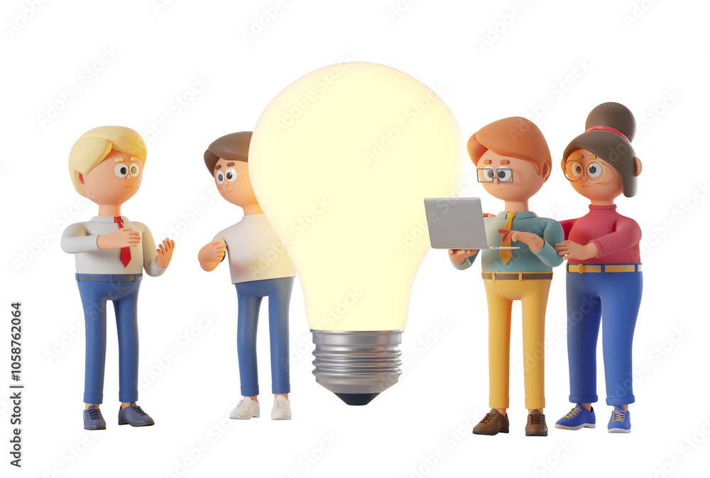 Poster group of cartoon characters brainstorming around a large lightbulb on a white background. concept of