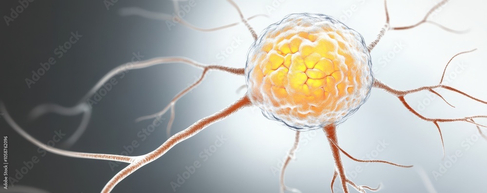Poster a vibrant illustration of a neuron, showcasing its cell body and branching axons, symbolizing neural