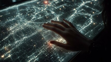 Exploring a city map illuminated by lights with a hand touching the interface at night