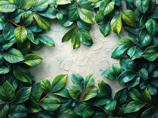 Lush green leaves frame a textured background, creating a natural and serene atmosphere.