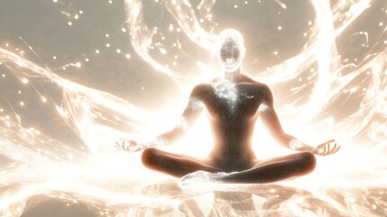 An individual in a peaceful meditative posture is depicted against a white backdrop, with vibrant,