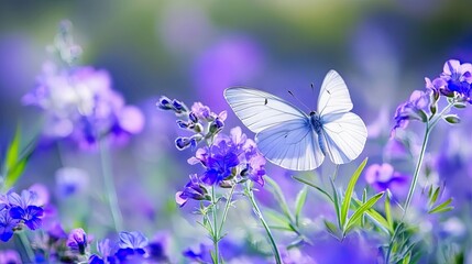 Fototapeta premium A butterfly delicately rests on a blade of grass amidst a vibrant meadow filled with purple flowers, creating a serene and picturesque scene perfect for nature photography.
