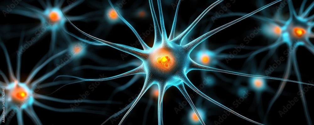Poster the image depicts a close-up of neurons, showcasing their intricate structure with glowing connectio