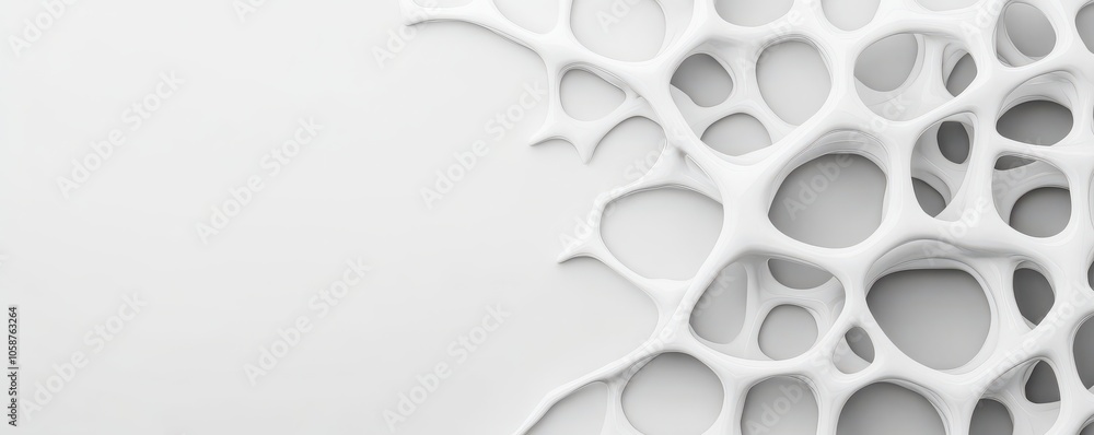 Poster a minimalist background featuring a textured, white organic structure with various circular voids, c