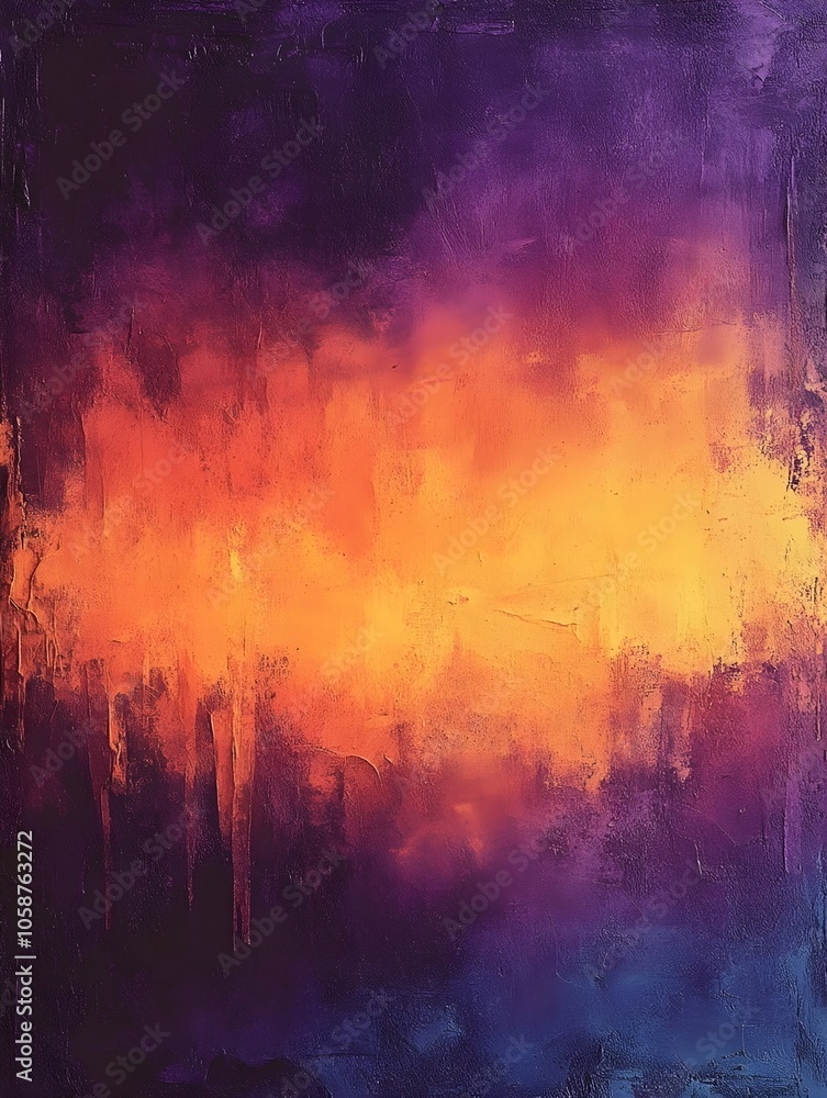 Poster a vibrant abstract painting featuring a gradient of fiery orange and deep purple hues, creating a dy