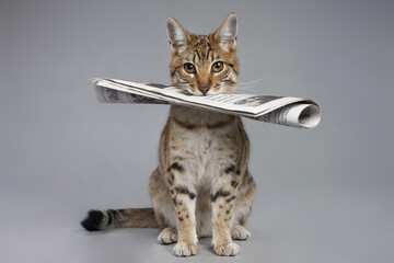 Bobtail cat sits with a newspaper in its mouth on a light background.