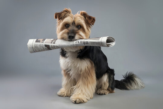 Funny shaggy dog ​​sits and holds a newspaper in its teeth.