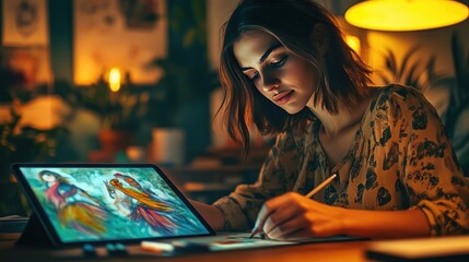 Fototapeta premium Creative Woman Using Graphics Pen on Digital Tablet for Fantasy Artwork in Dimly Lit Workspace