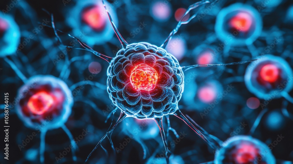 Poster a vibrant illustration of cells showcasing intricate structures with glowing elements, highlighting 