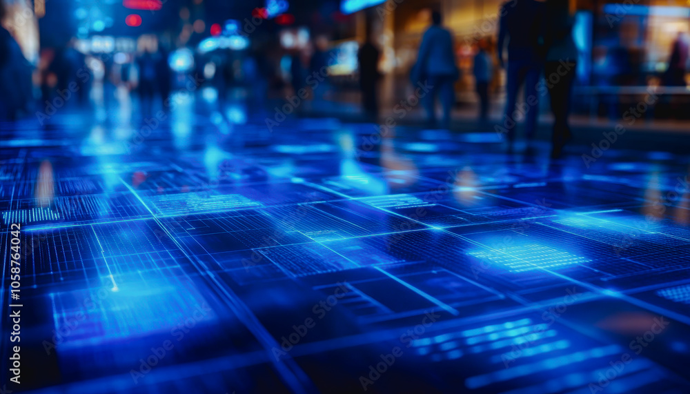 Aufkleber an intricate digital floor glows in vibrant blue hues, creating a modern urban atmosphere. this abst