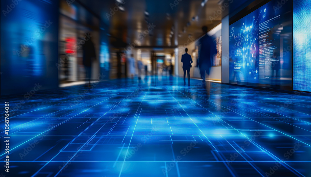 Aufkleber experience a mesmerizing digital floor with intricate blue glowing patterns in an expansive modern s