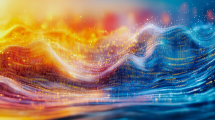 An energetic abstract scene featuring flowing waves of vibrant colors, creating a dynamic and captivating visual experience. Ideal for artistic or technological themes.