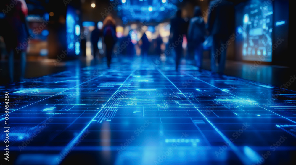 Aufkleber explore a futuristic digital floor adorned with intricate glowing blue patterns. this vibrant visual