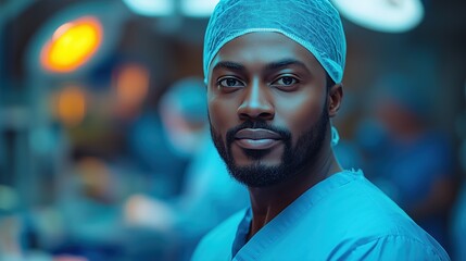 In a vibrant hospital setting, an African American medical professional, dressed in scrubs and a surgical cap, prepares to attend to patients with care and dedication