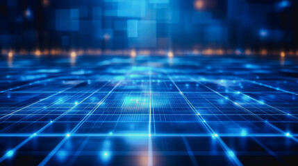 Fototapeta premium Discover an expansive digital floor adorned with intricate glowing blue elements, creating a captivating and futuristic atmosphere perfect for technology-themed projects.