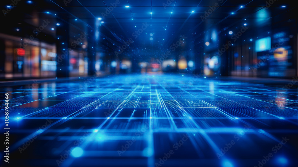 Aufkleber explore an expansive digital floor featuring intricate blue glowing patterns. this futuristic design