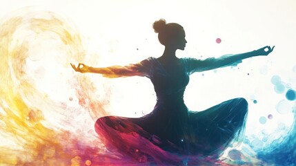 Obraz premium A stylized silhouette of a yogi in a dynamic pose, surrounded by swirling particles and light bursts,