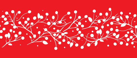 Christmas berry horizontal banner, red background. Holly, pine twigs, red berries. Winter nature design, vector illustration