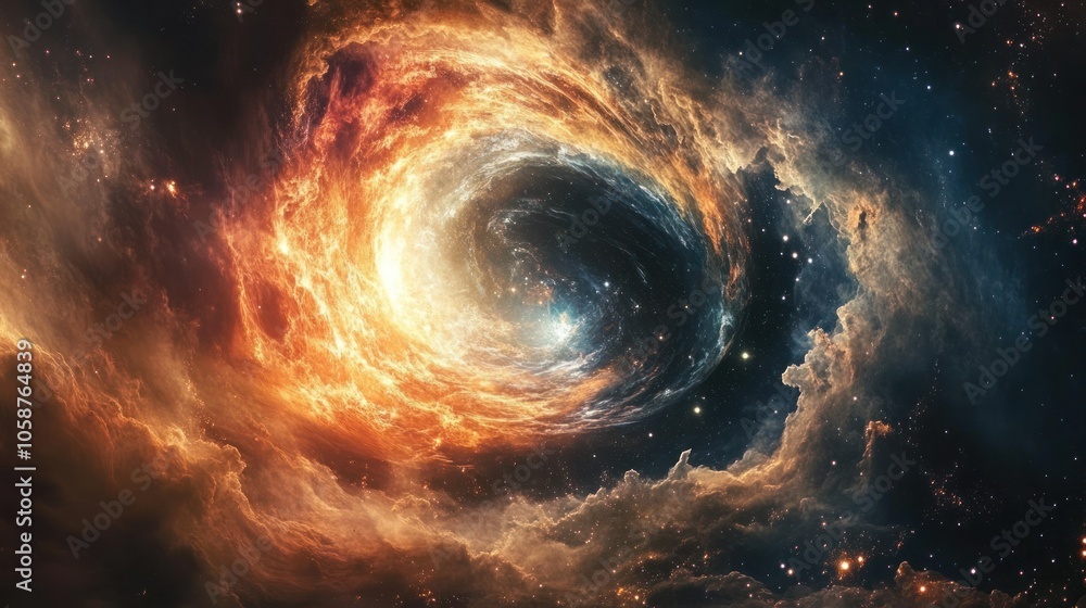 Poster a surreal image of a swirling vortex of stars and cosmic dust, symbolizing the connection between th