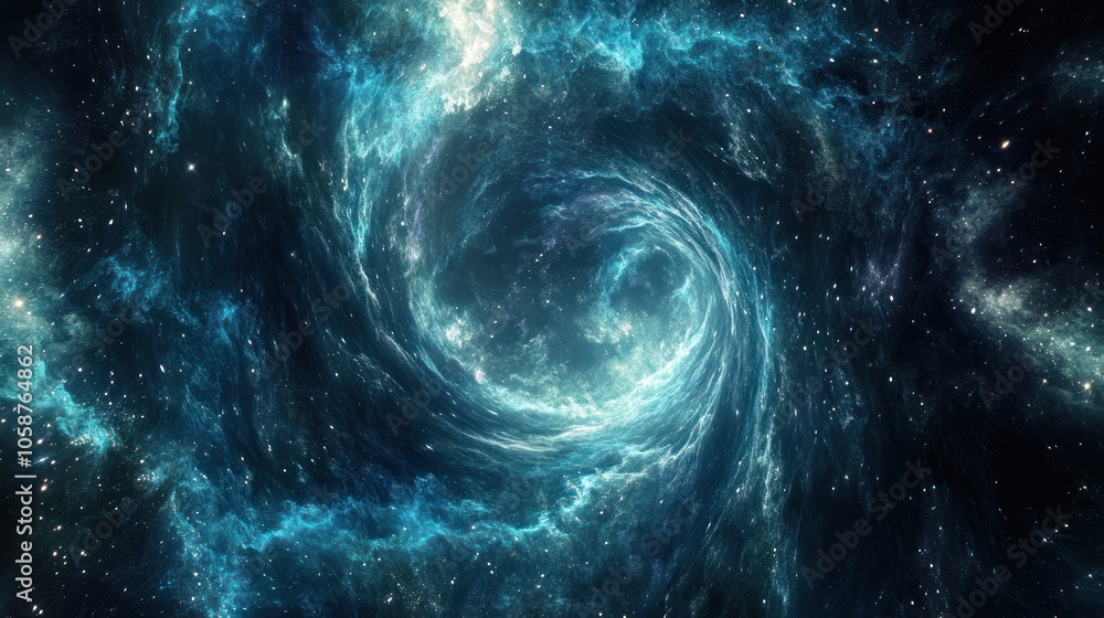 Poster a surreal image of a swirling vortex of stars and cosmic dust, symbolizing the connection between th