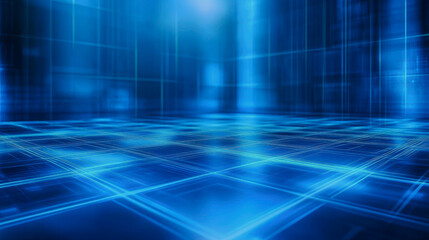 Obraz premium This image features an expansive digital floor with intricate glowing blue patterns, creating a modern and vibrant atmosphere perfect for technology themes.